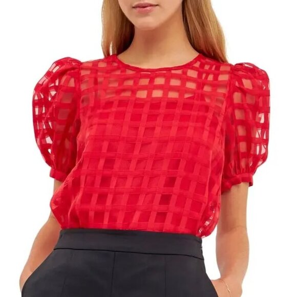 NEW English Factory Red Windowpane Sheer Puff Sleeve Top Sz S - Picture 1 of 11